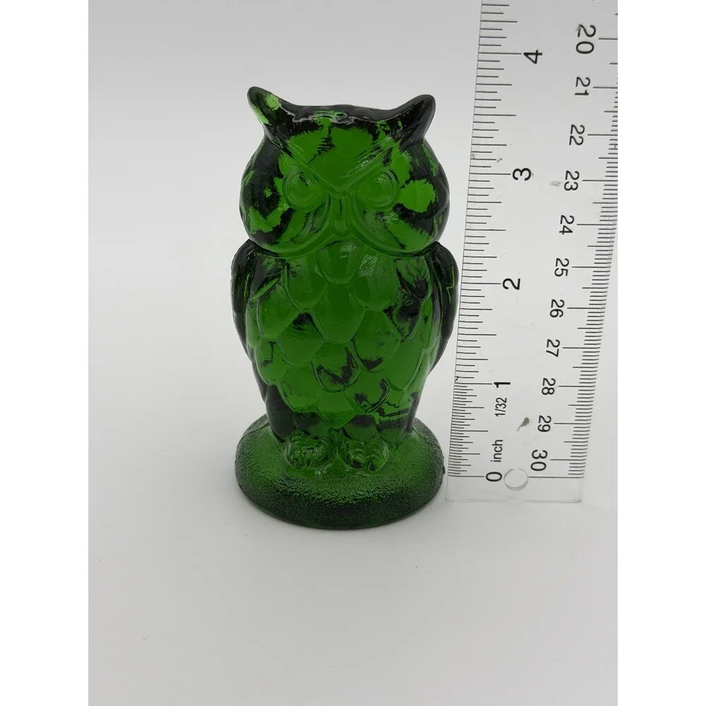 Mosser Art Glass Green Emerald Owl Figurine 3.5”H Etched Vintage Rare